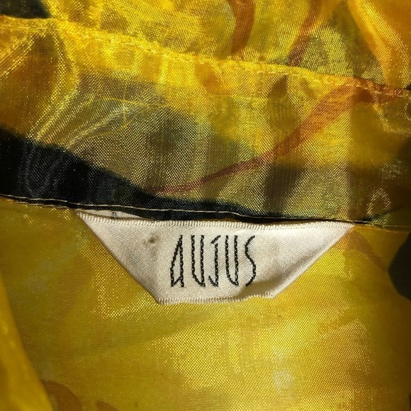 Vintage AuJus Yellow Black Floral Sheer Puffy Short Sleeve Button Front Blouse - Picture 5 of 8